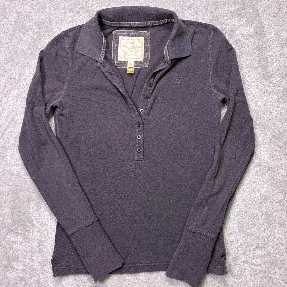 American‎ Eagle Womens M Gold Label Y2K Long Sleeve Polo Henley Gray Fairy Prep